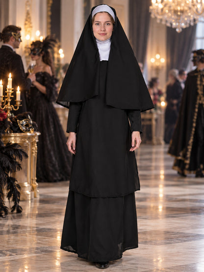 Nun Costume with Black Veil and White Headpiece