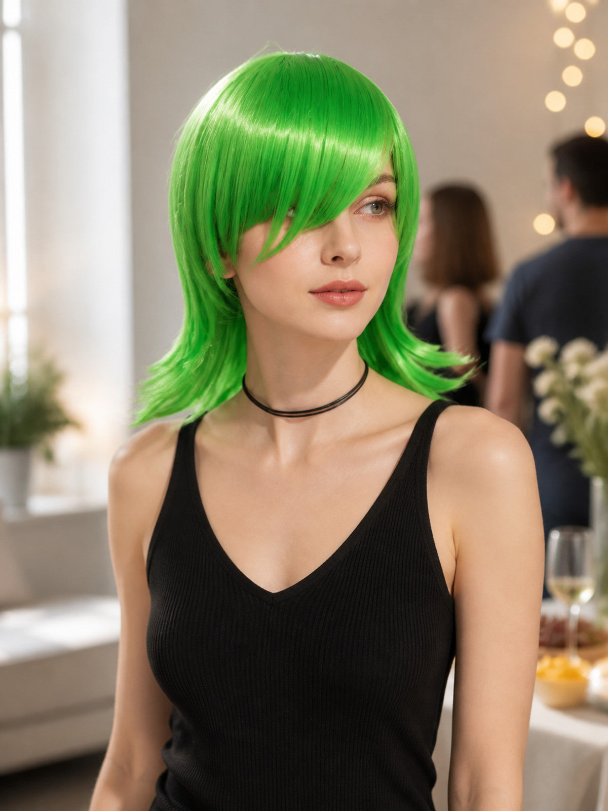 Bright Green Inside Out 2 Carnival Wig with Side-Swept Bangs lifestyle view