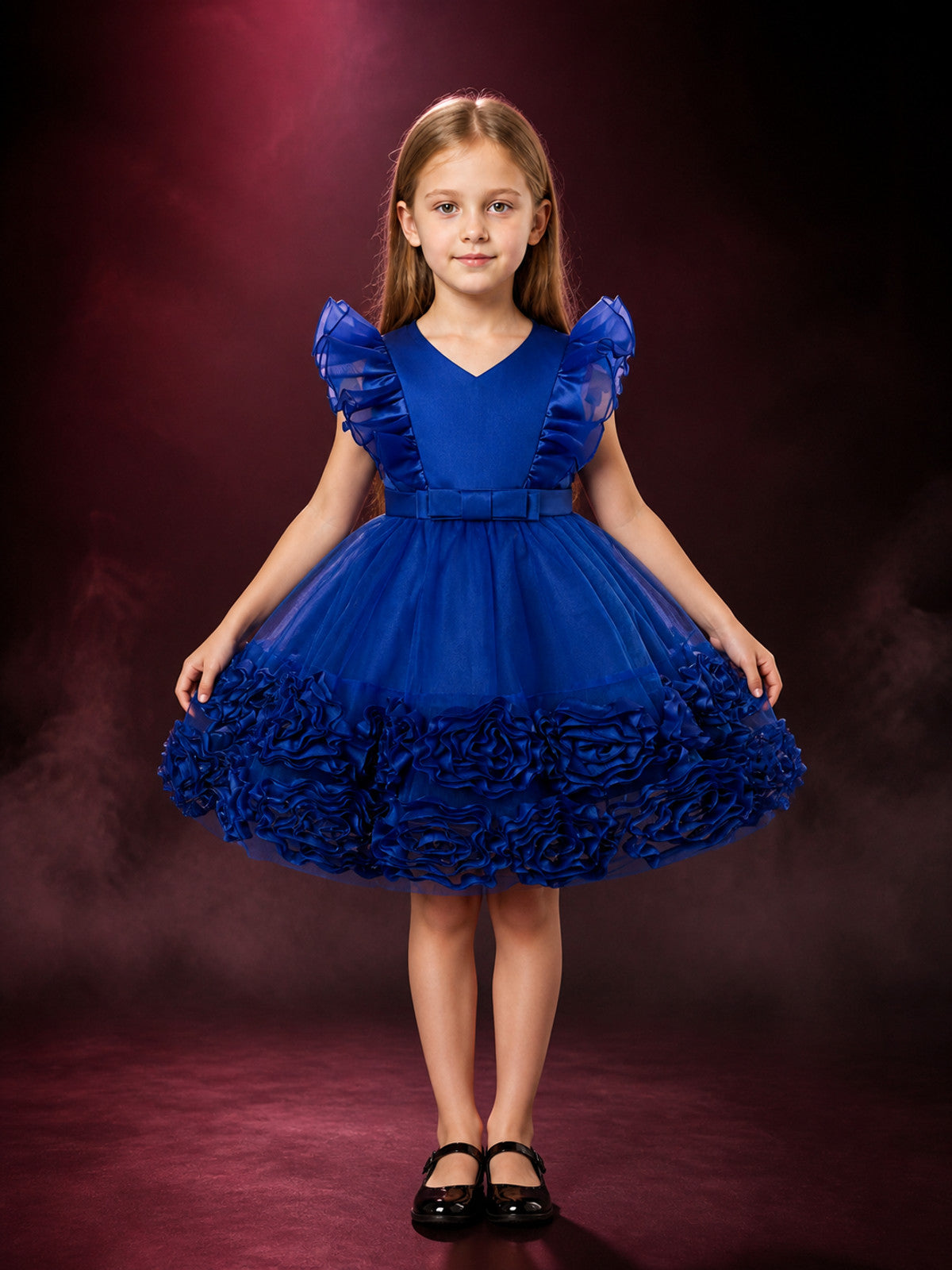 Toddler Girls' Blue Princess Dress, Ruffled Tulle Party Gown with Bow main product view