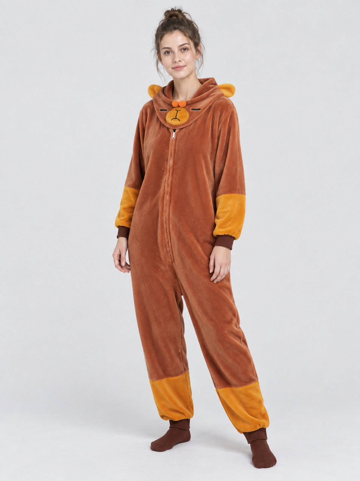 Brown plush hooded pajama jumpsuit with ears