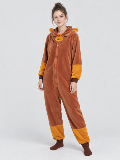 Brown plush hooded pajama jumpsuit with ears