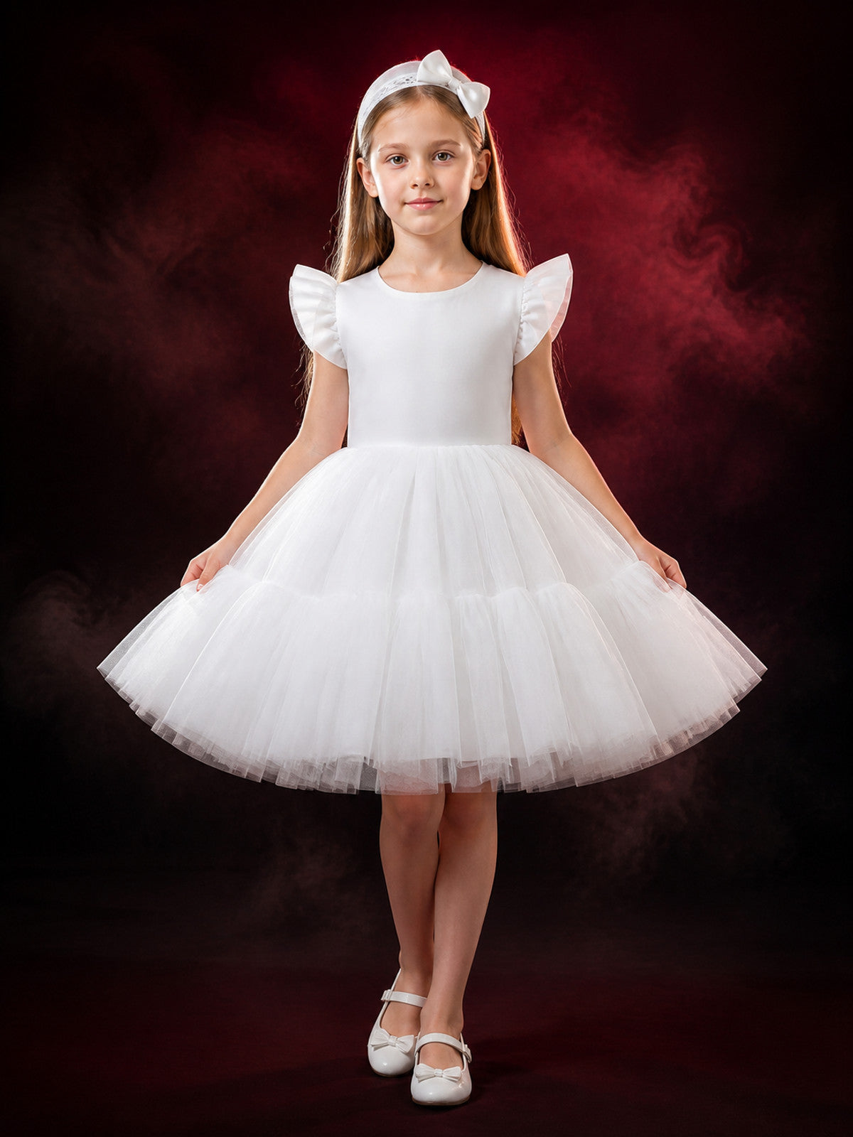 Girls' White Princess Dress With Puff Sleeves, Bow Details And Layered Tulle main product view