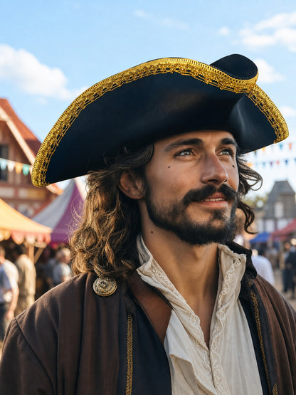 Black tricorn hat with gold trim worn by a bearded man in a colorful outdoor festival scene