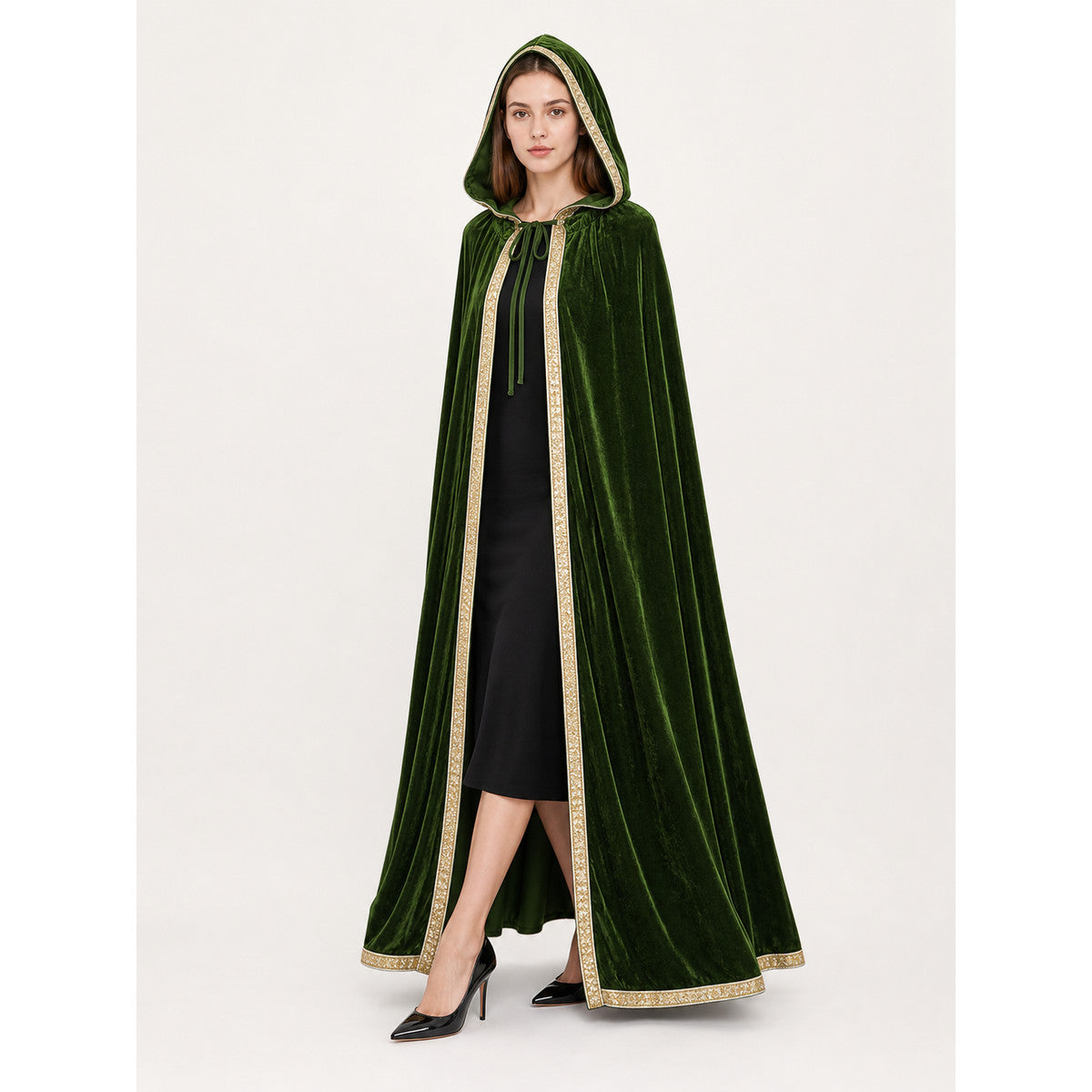 Green hooded carnival cloak, trim lifestyle