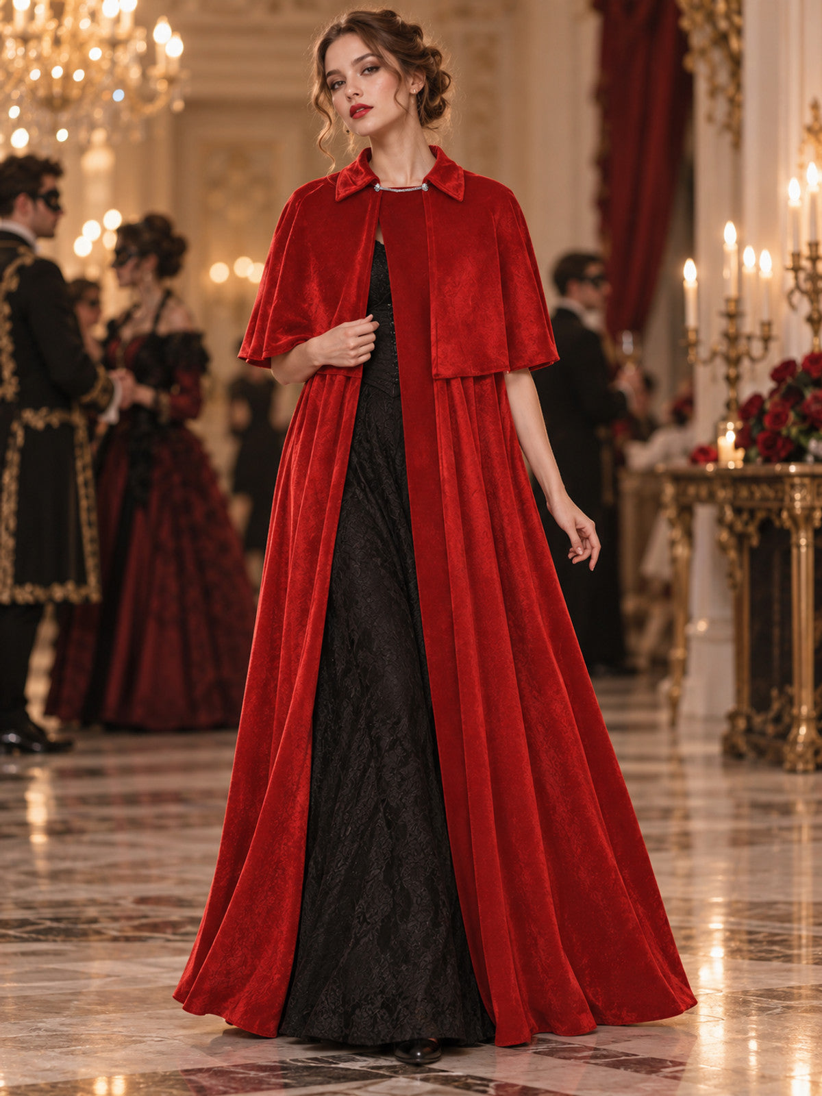 Long Red Velvet Cloak-Cape with Fastener