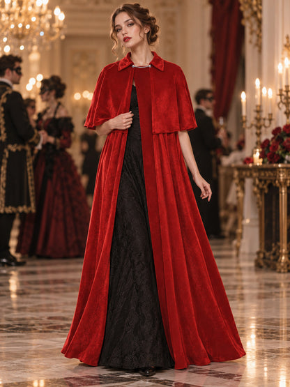 Long Red Velvet Cloak-Cape with Fastener
