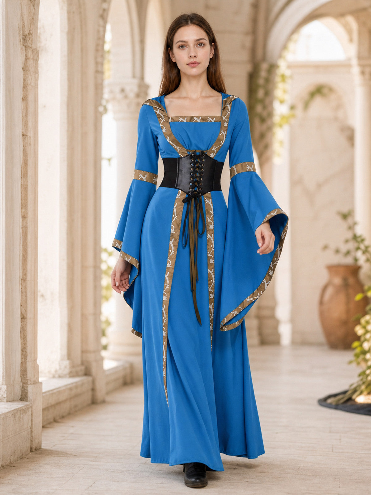 Medieval Hooded Lace-Up Costume Dress lifestyle view