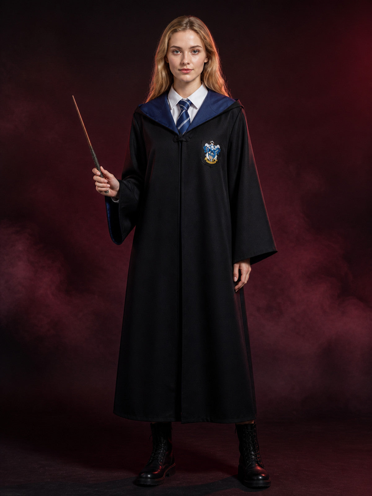 Wizard Hooded Robe Costume Set With Tie And Wand, Black Cosplay Halloween Outfit main product view