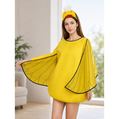 Three-quarter indoor view of a bright yellow costume with wing-shaped sleeves and a duck headband