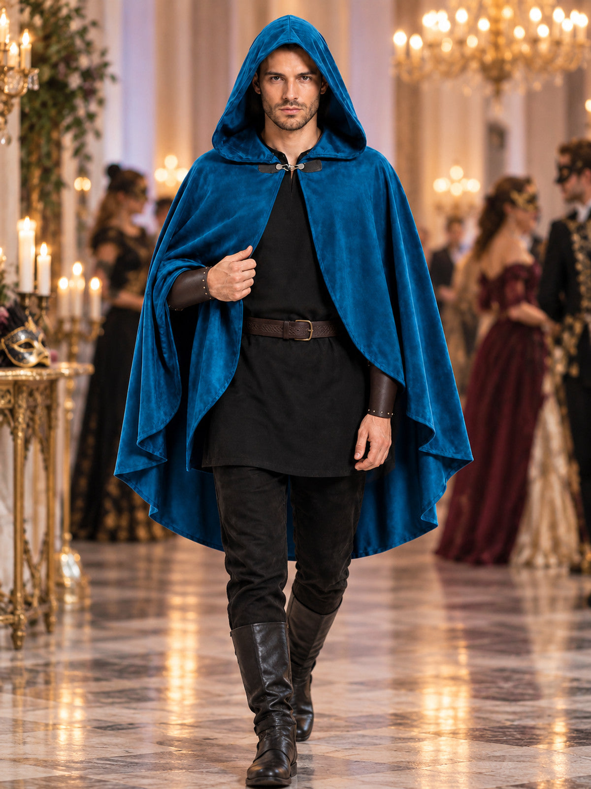 Dark Blue Hooded Cape with Long Panels
