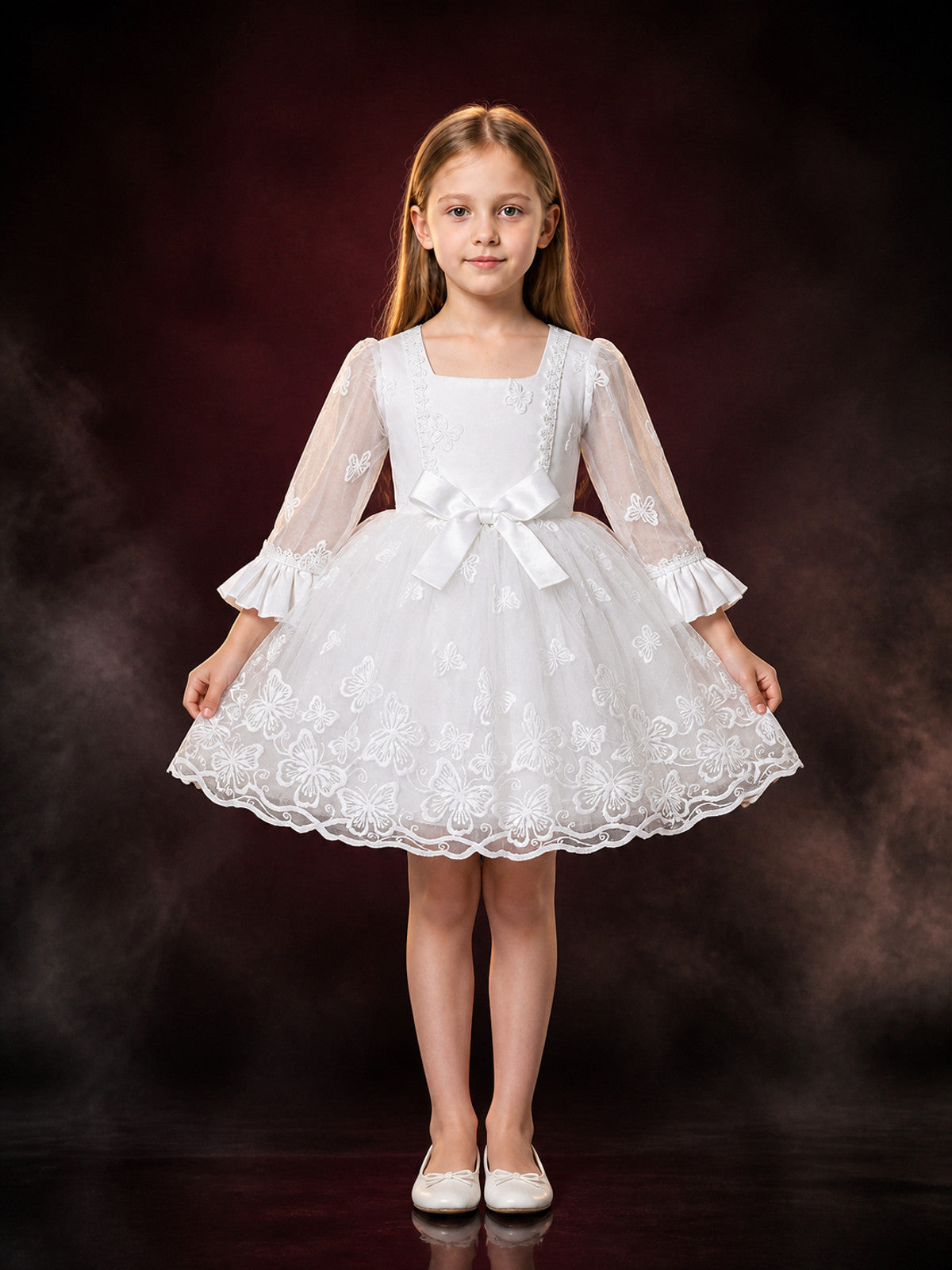 Toddler Girls' Princess Dress, Long Sleeve Lace Tutu Gown With Butterfly main product view
