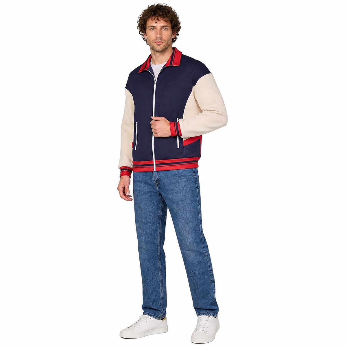 Zip-Up Bomber Jacket with Red Stripes lifestyle
