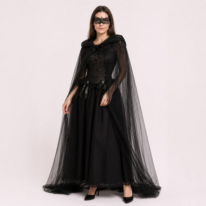 Witch Costume with Sheer Cape and Mask on-model front view