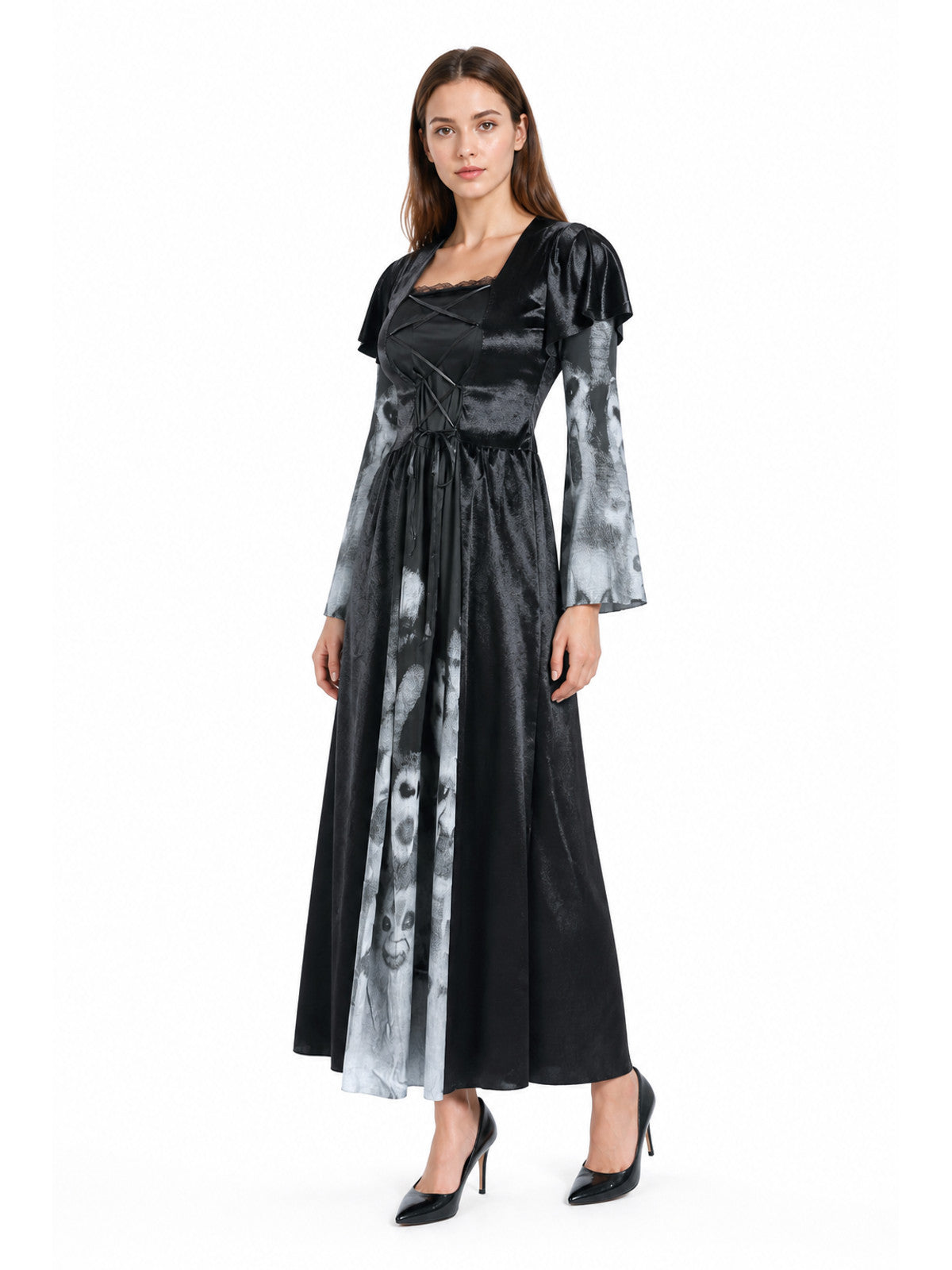 Long Dress with Flared Sleeves and Ghost Print