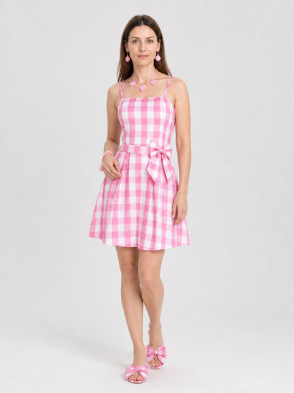 Barbie Cosplay Dress in Pink and White Plaid with Bow Costume Dresses detail