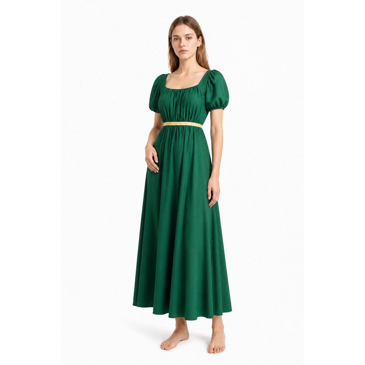 Long Dark Green Dress with Belt and Puff Sleeves Costume Dresses detail