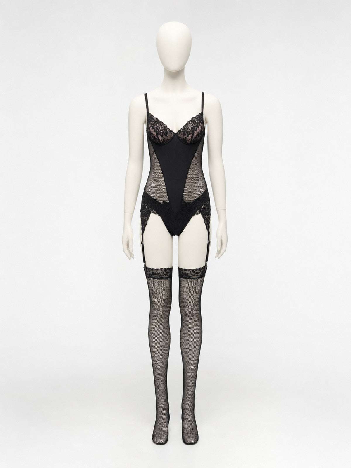 Black Lace and Mesh Bodysuit with Garters