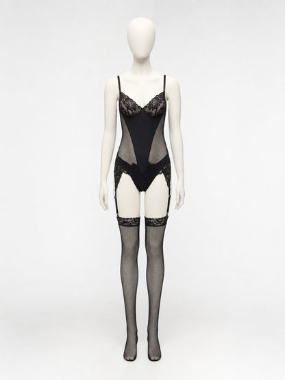 Black Lace and Mesh Bodysuit with Garters