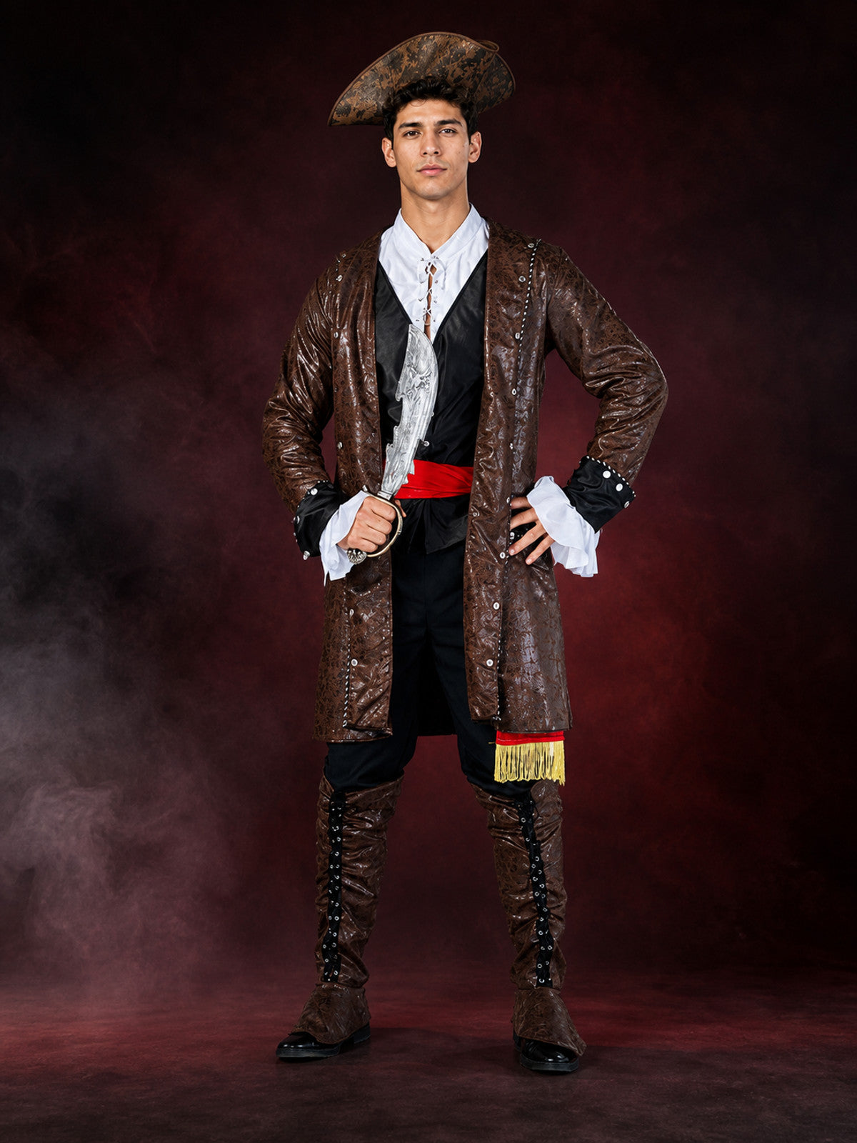 Adult Pirate Captain Halloween Costume Set, Brown Long Coat with Red Sash, Gold