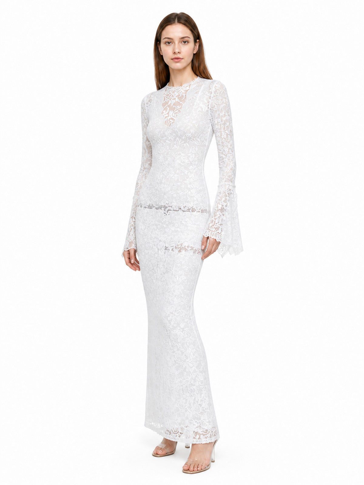 White Long Dress with Lace Pattern and Flared Sleeves