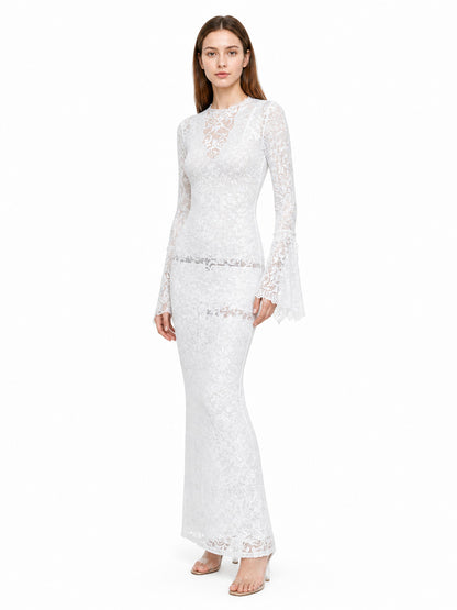 White Long Dress with Lace Pattern and Flared Sleeves