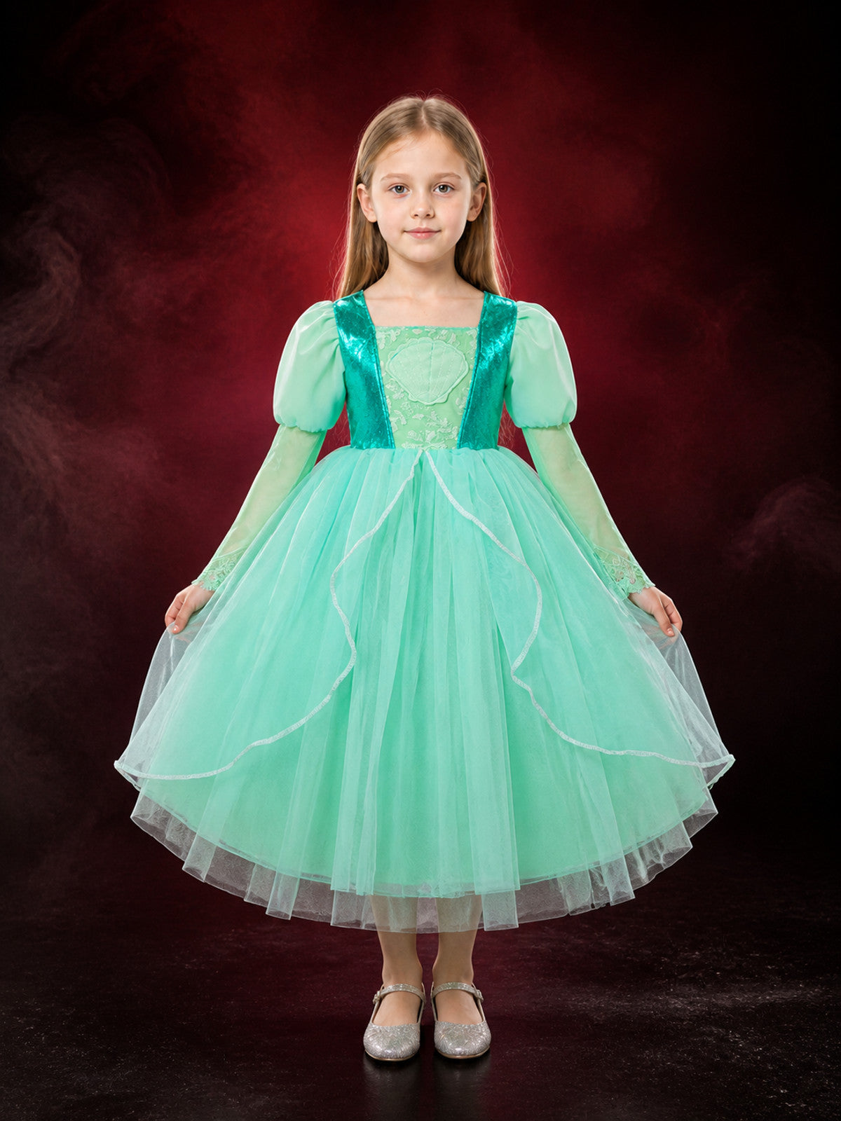 Girls' Green Princess Dress Costume, Sequined Tulle Long-Sleeve Party Outfit main product view