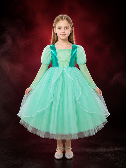 Girls' Green Princess Dress Costume, Sequined Tulle Long-Sleeve Party Outfit main product view