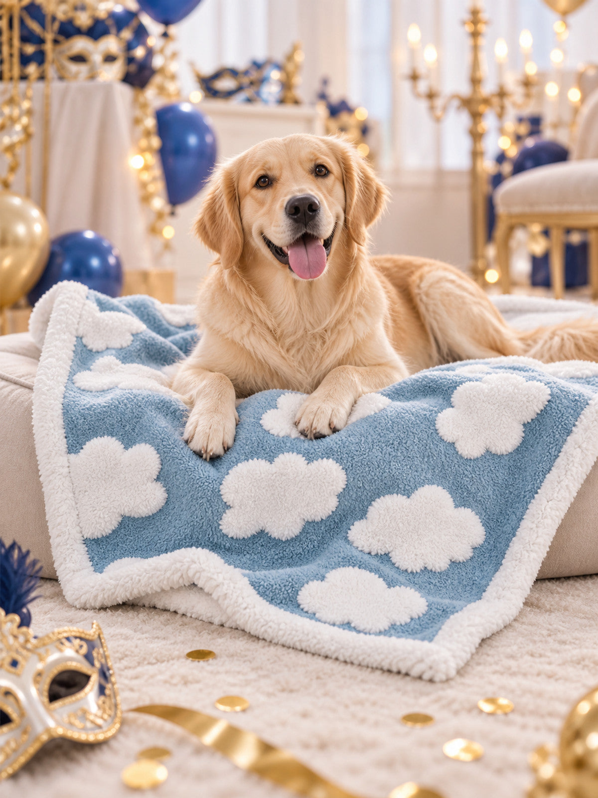 Blue Pet Blanket with White Clouds lifestyle view