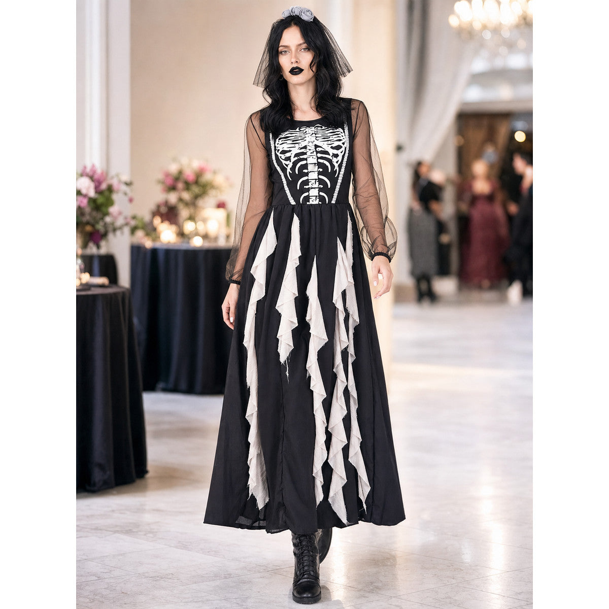 Vampire Costume Dress with Skeleton Print for Cosplay