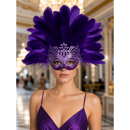 Masquerade mask worn by a woman in a purple dress, shown in a bright formal interior with a tall purple feather fan