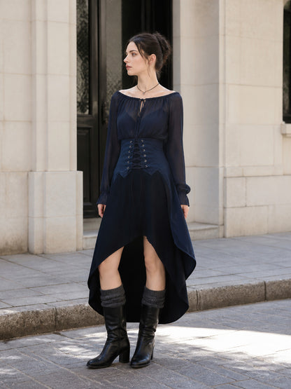 Dark blue cape with a high collar and lacing Costume Capes detail