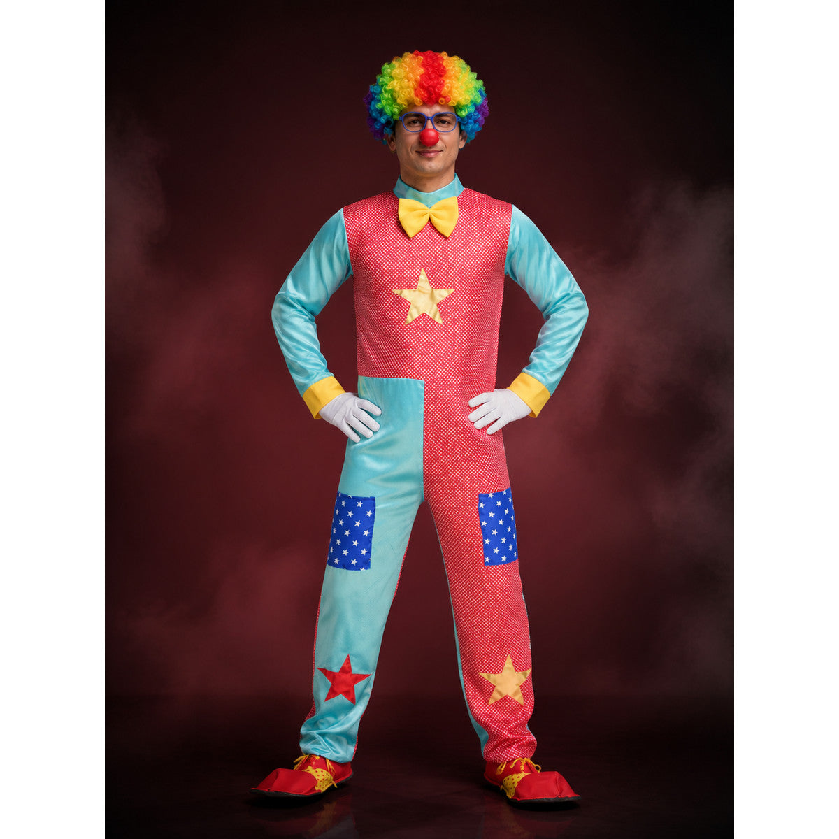 Adult Clown Costume Set, Red and Blue Star Print Bodysuit with Bow Tie for lifestyle