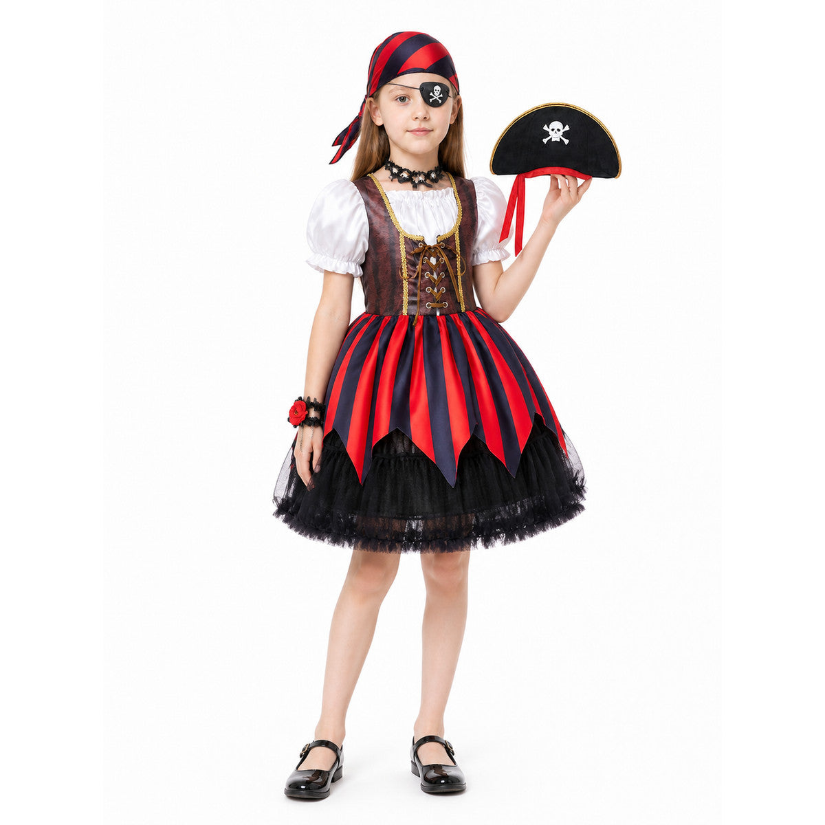 Children’s pirate costume with a full skirt and hat for Halloween product detail