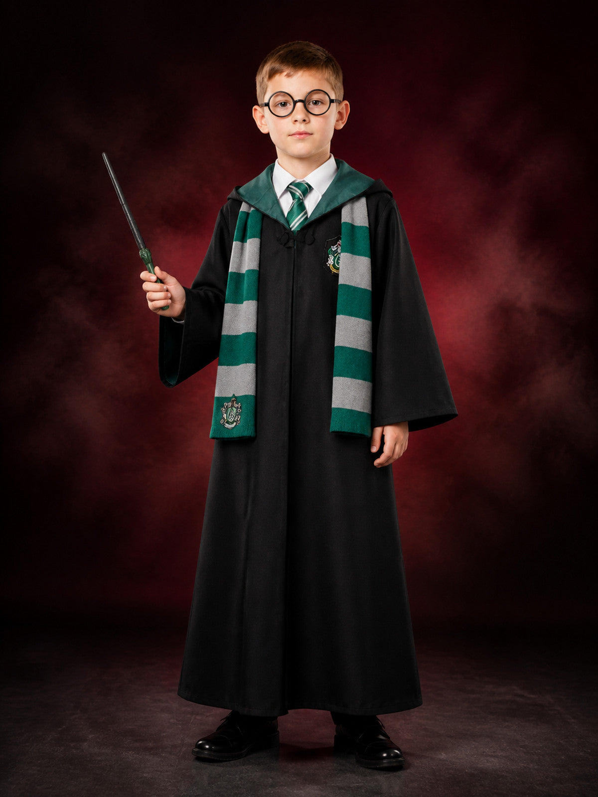 Slytherin Themed Wizard Costume Set: Dark Green Hooded Robe, Scarf, Tie, Glasses main product view