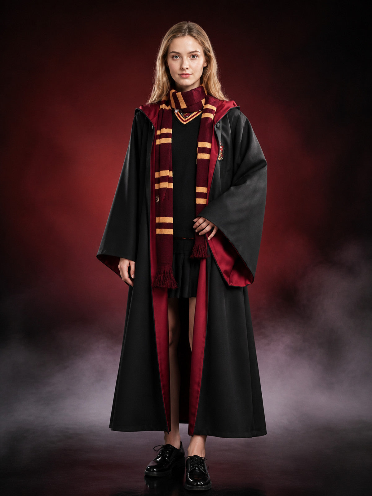 Wizard Costume Set, Long Robe Cloak With Red-Gold Striped Scarf, Halloween main product view