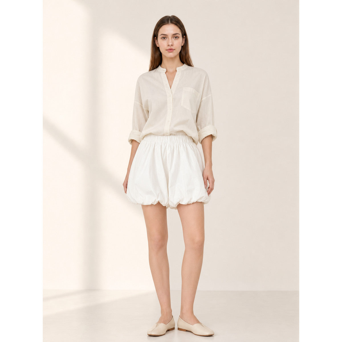 Women's White Balloon Shorts with Elastic Waistband lifestyle view