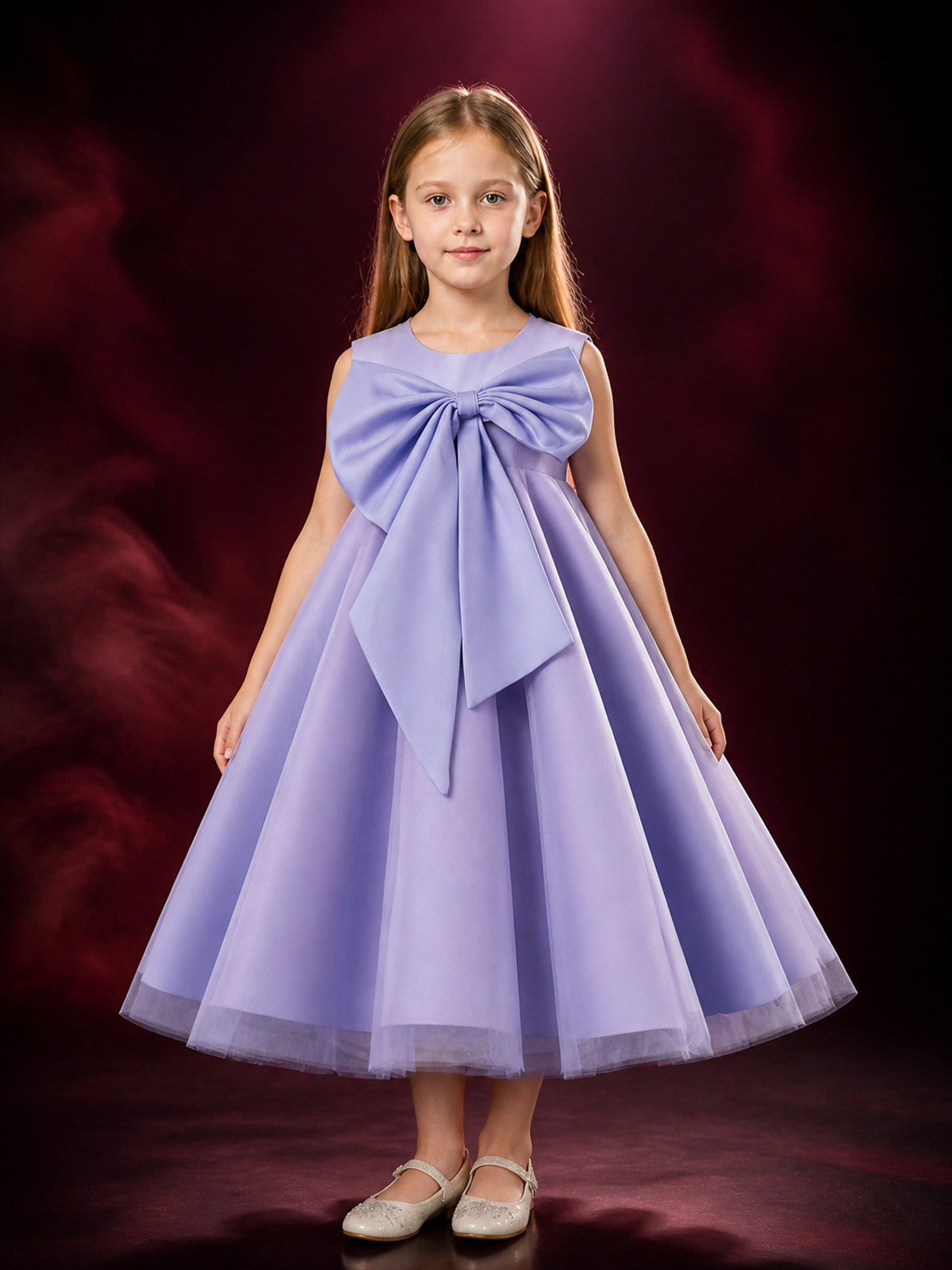 Girls' Light Purple Princess Flower Girl Dress, Sleeveless Layered Tulle Skirt main product view