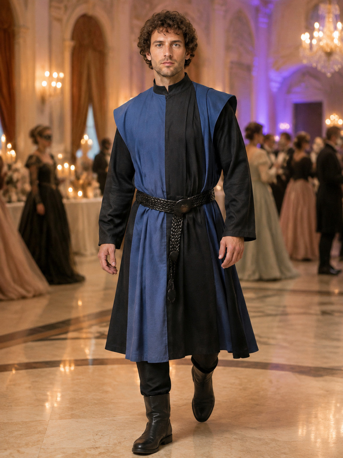 Blue-Black Medieval Costume with Braided Belt lifestyle view