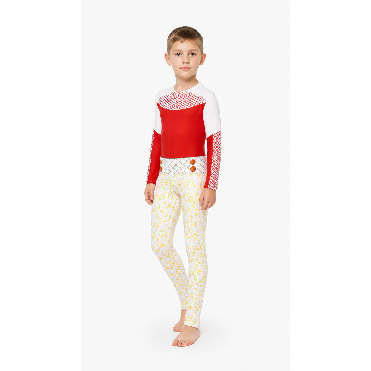 Zombie High Cosplay Jumpsuit in Red, White, and Yellow on-model front view