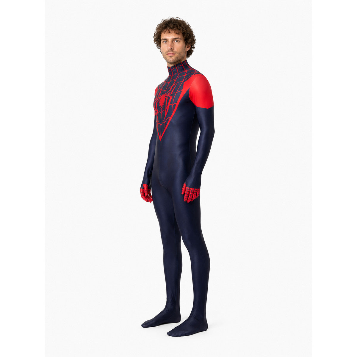 Red Spider-Man Costume with Mask and Web Pattern side view