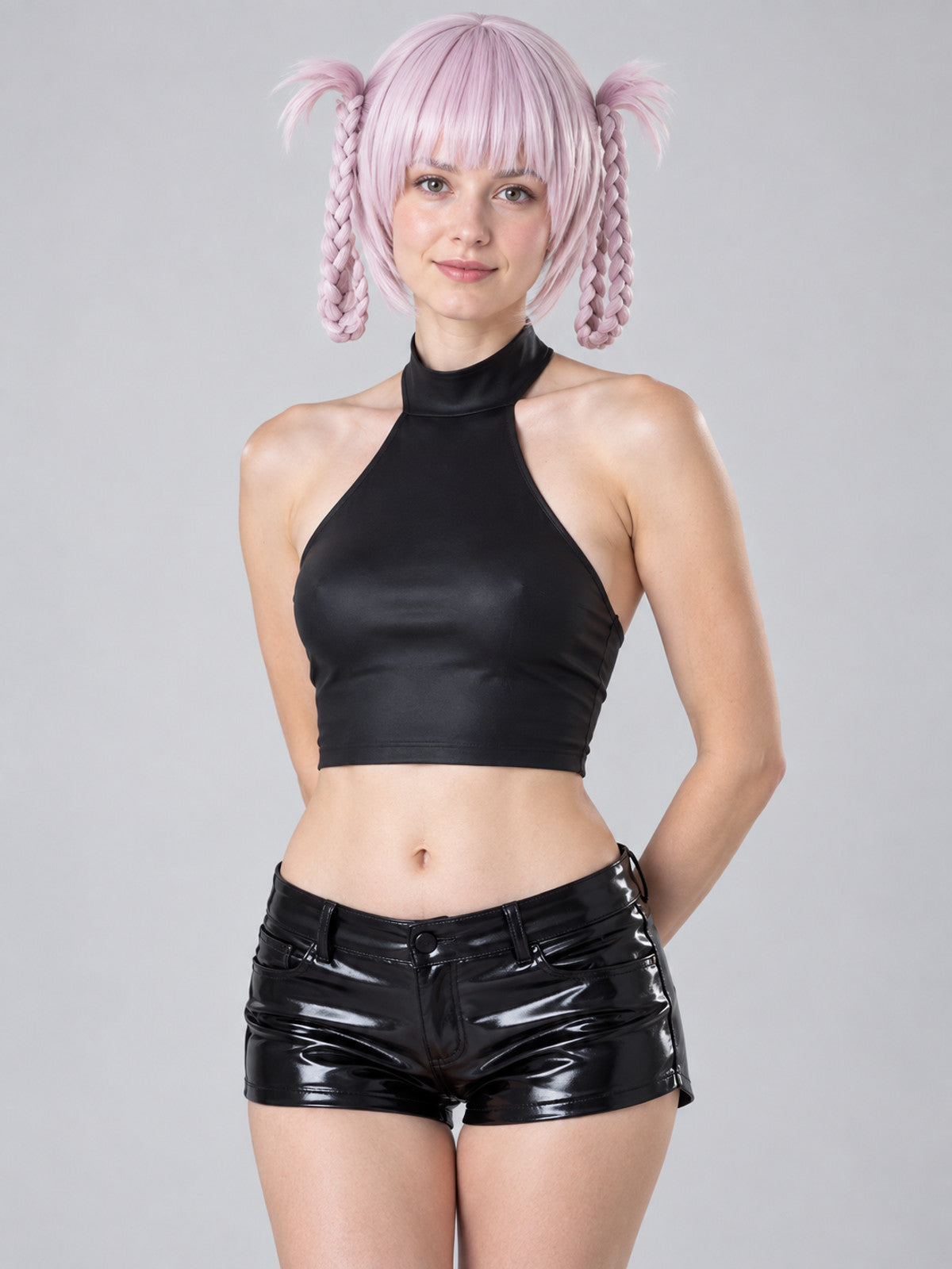 Pastel Pink Medium-Length Wig with Braids and Bangs