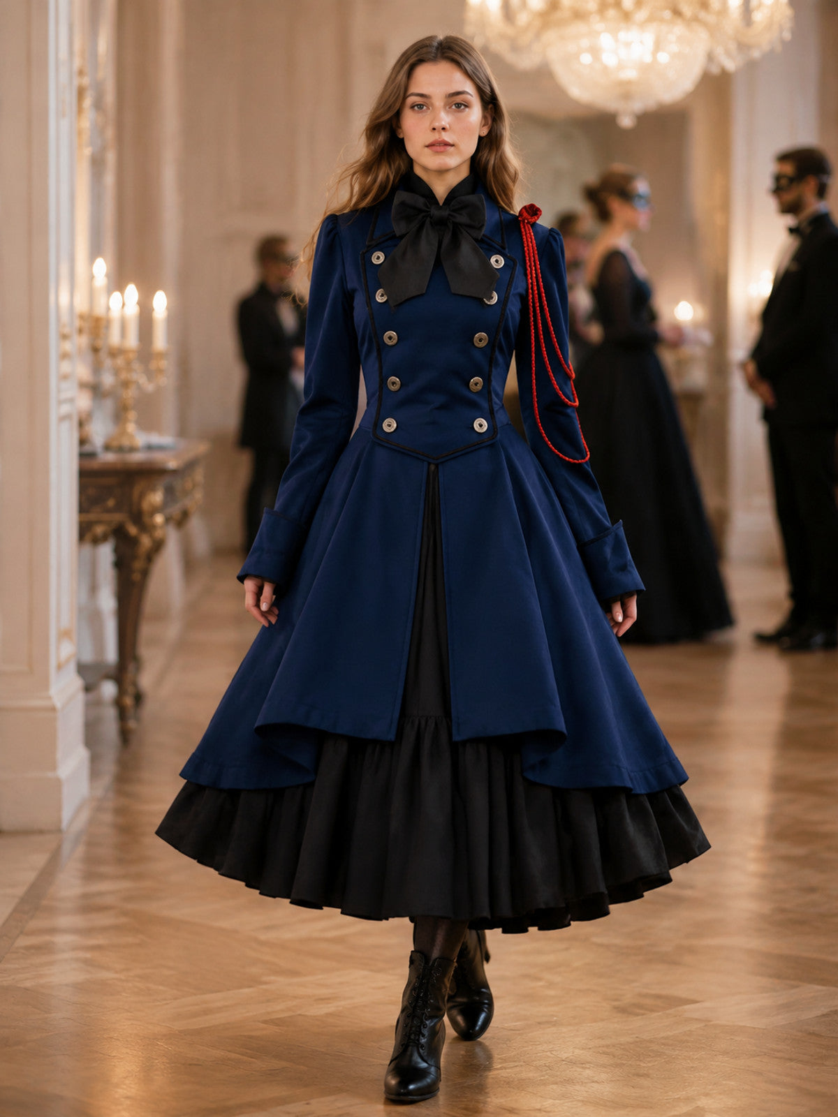 Gothic Retro Dress with Bow and Stand-Up Collar lifestyle view