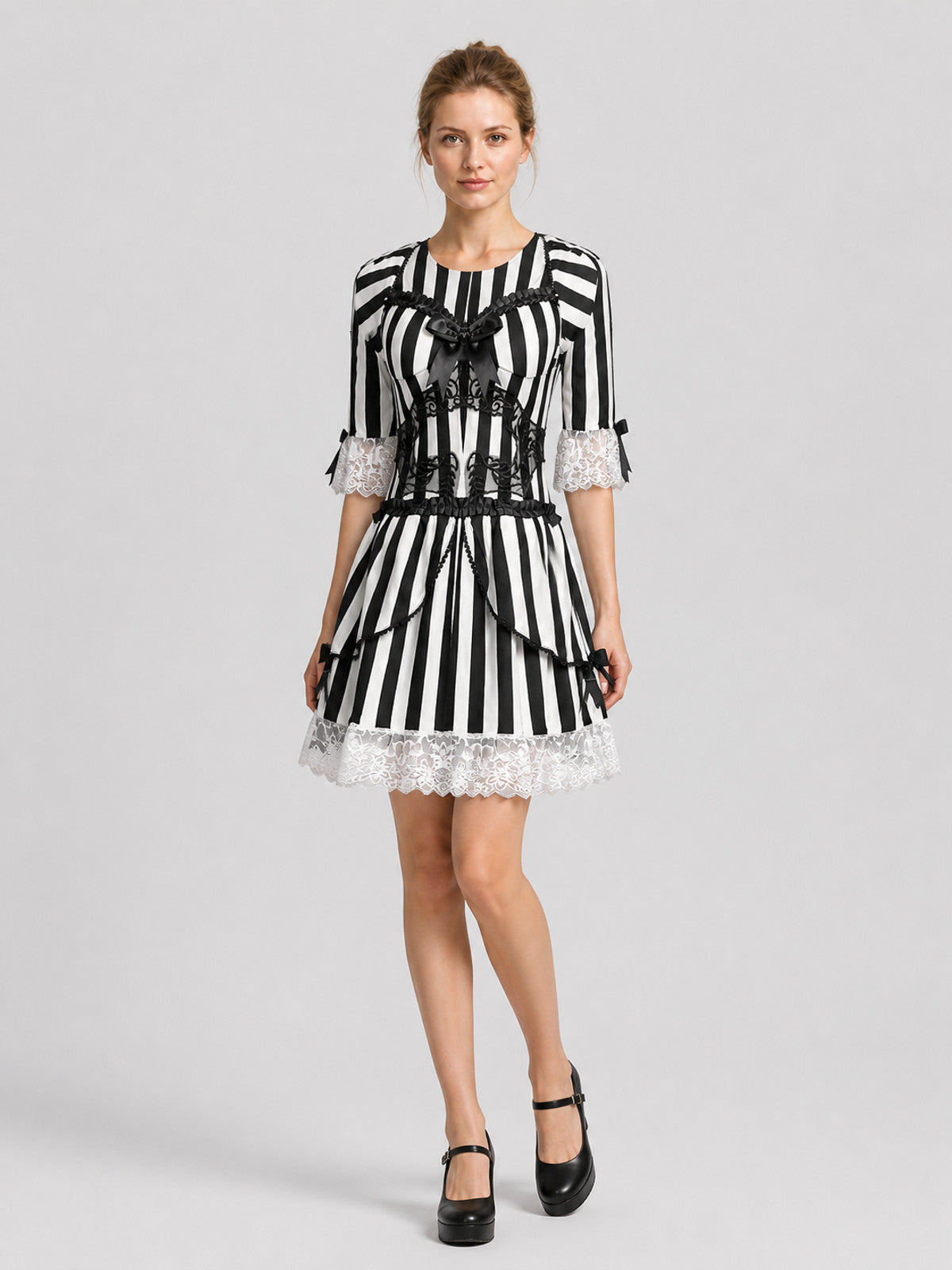 Black and White Striped Halloween Dress with Lace Costume Dresses detail