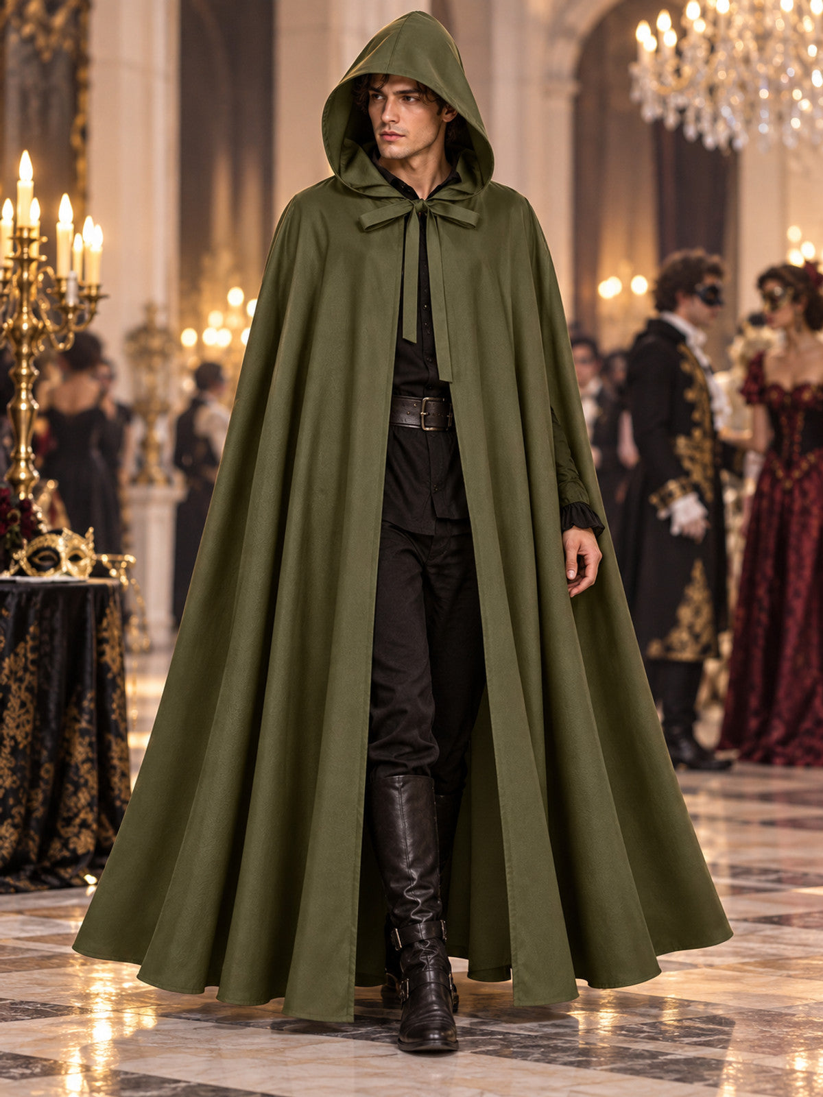 Army Green Long Hooded Cloak Cape 130 cm
