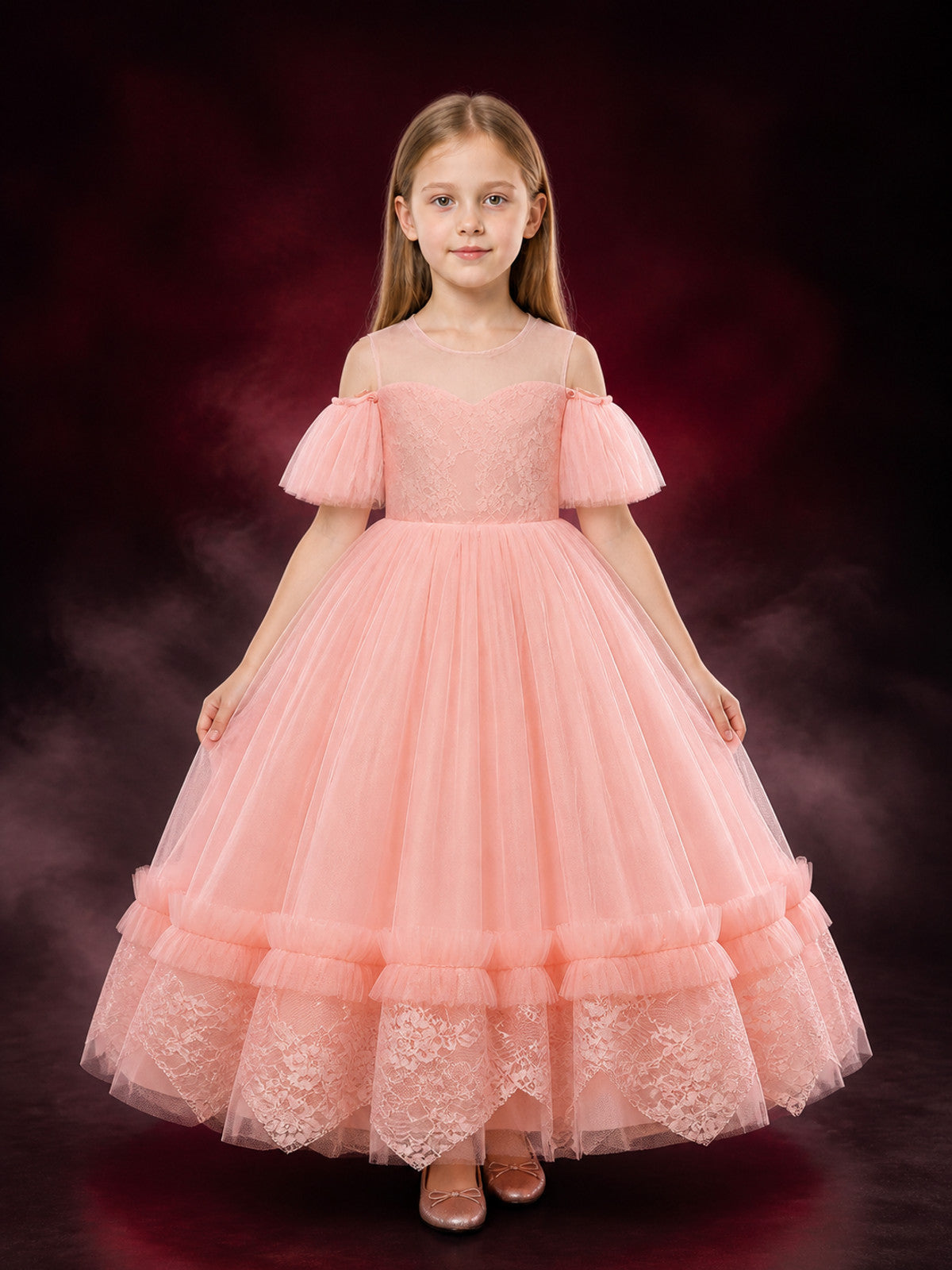 Girls' Pink Lace Princess Dress, Layered Tulle Formal Gown main product view