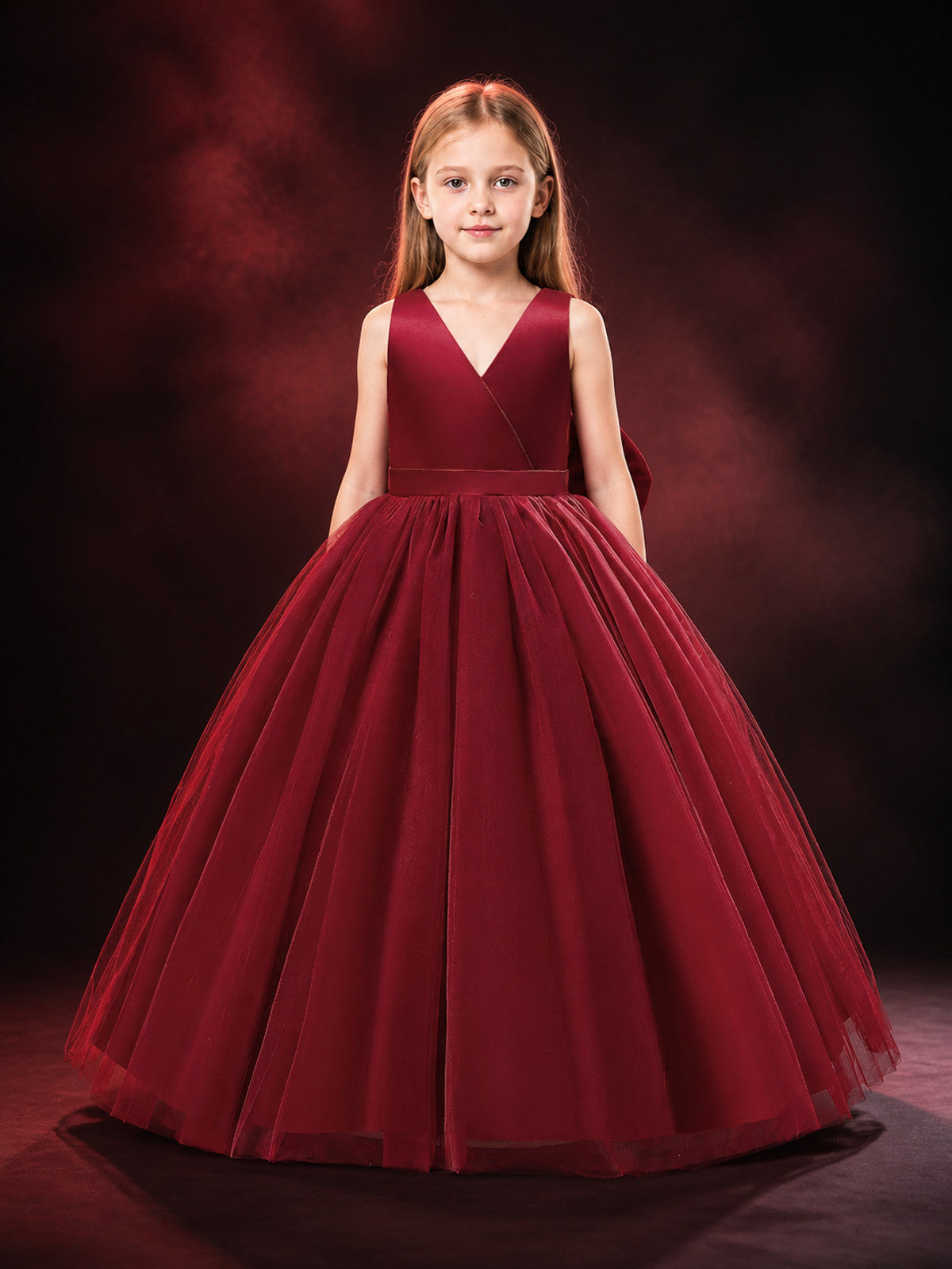 Girls' Maroon Princess Dress, V-Neck Sleeveless Tulle Ball Gown With Bow main product view