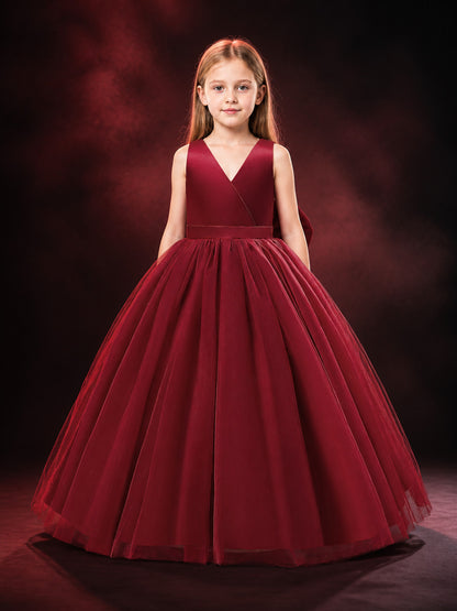 Girls' Maroon Princess Dress, V-Neck Sleeveless Tulle Ball Gown With Bow main product view