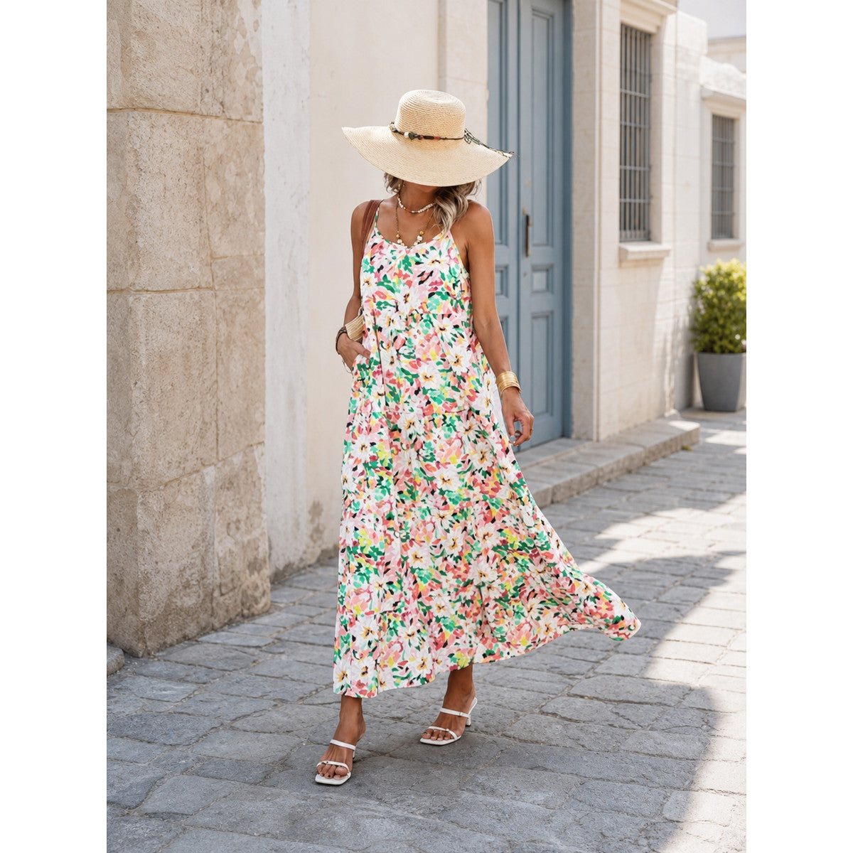Women's Long Spaghetti-Strap Dress with Print