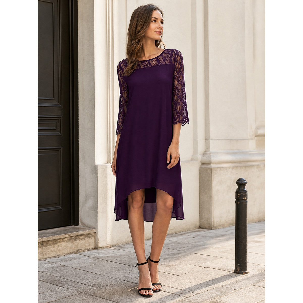 Dress with Lace Insert and Asymmetrical Hem lifestyle