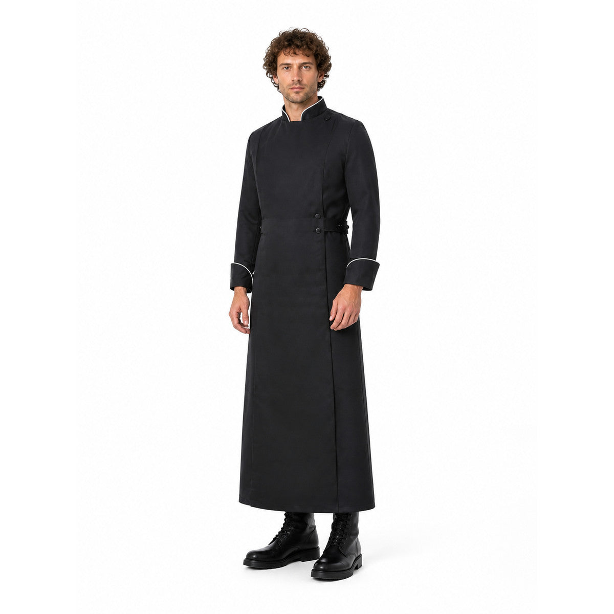 Long Black Robe with Stand Collar and White Trim lifestyle